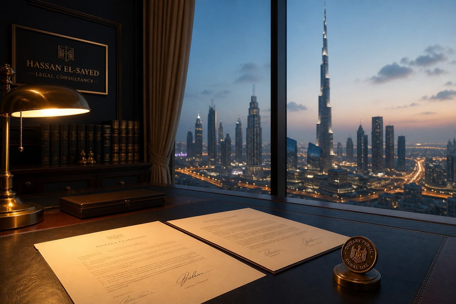 Signed documents in a Dubai office overlooking the skyline