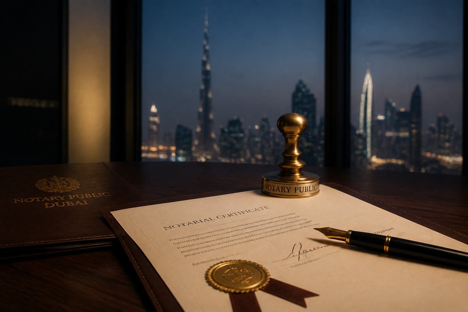 Notarized legal document and seal on a professional desk overlooking Dubai